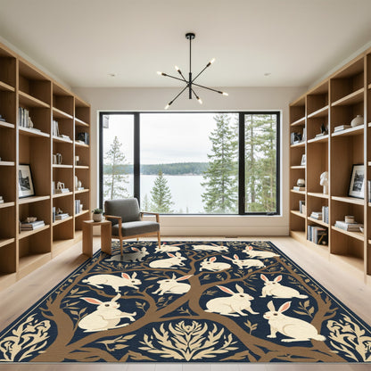 Cream Rabbits Dark Botanical Branches Rug