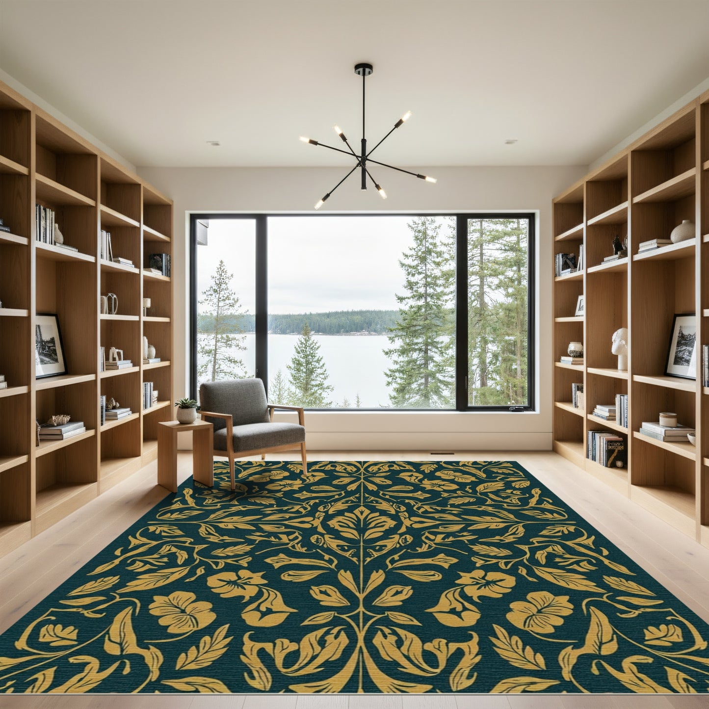 Ornate Teal Golden Floral Scroll Rug