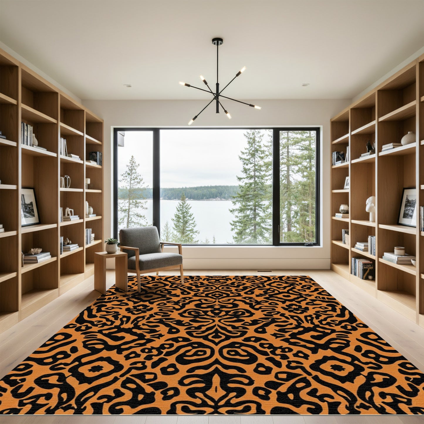 Ornate Black Orange Damask Rug