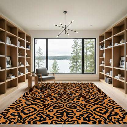 Ornate Black Orange Damask Rug