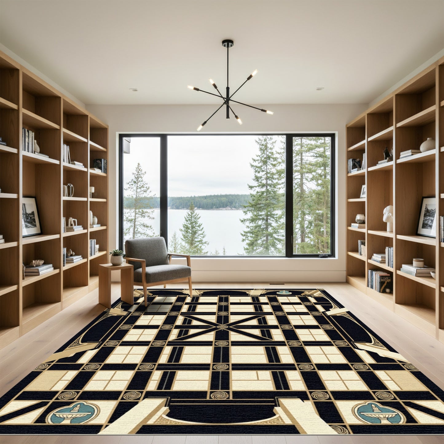 Black and Cream Geometric Grid Lattice Rug