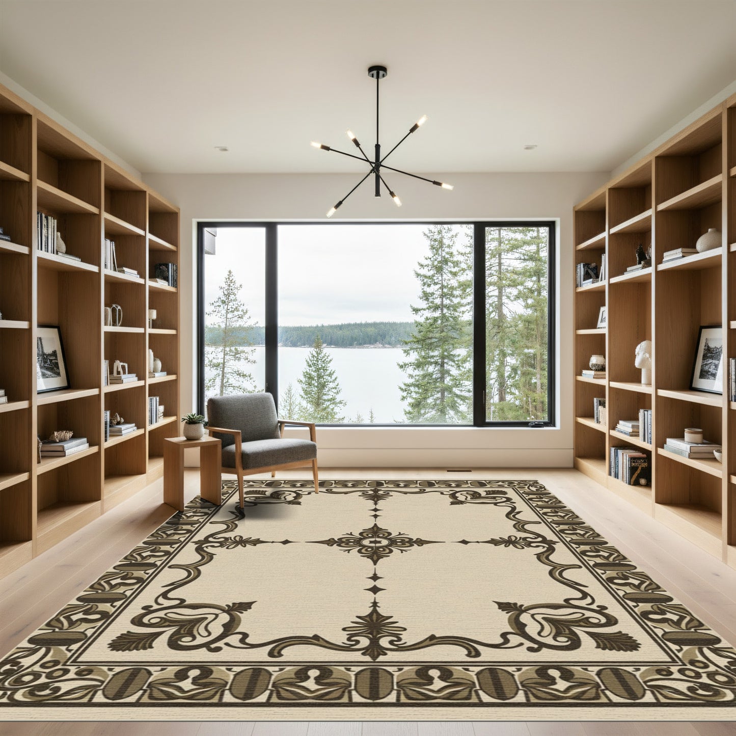 Brown and Beige Scrollwork Medallion Rug