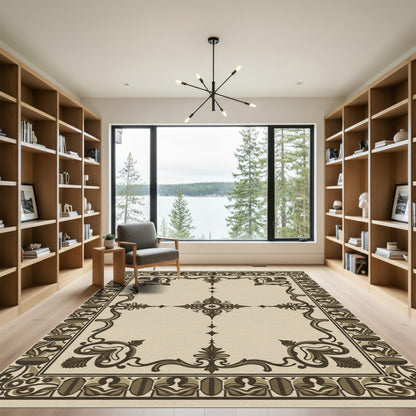 Brown and Beige Scrollwork Medallion Rug