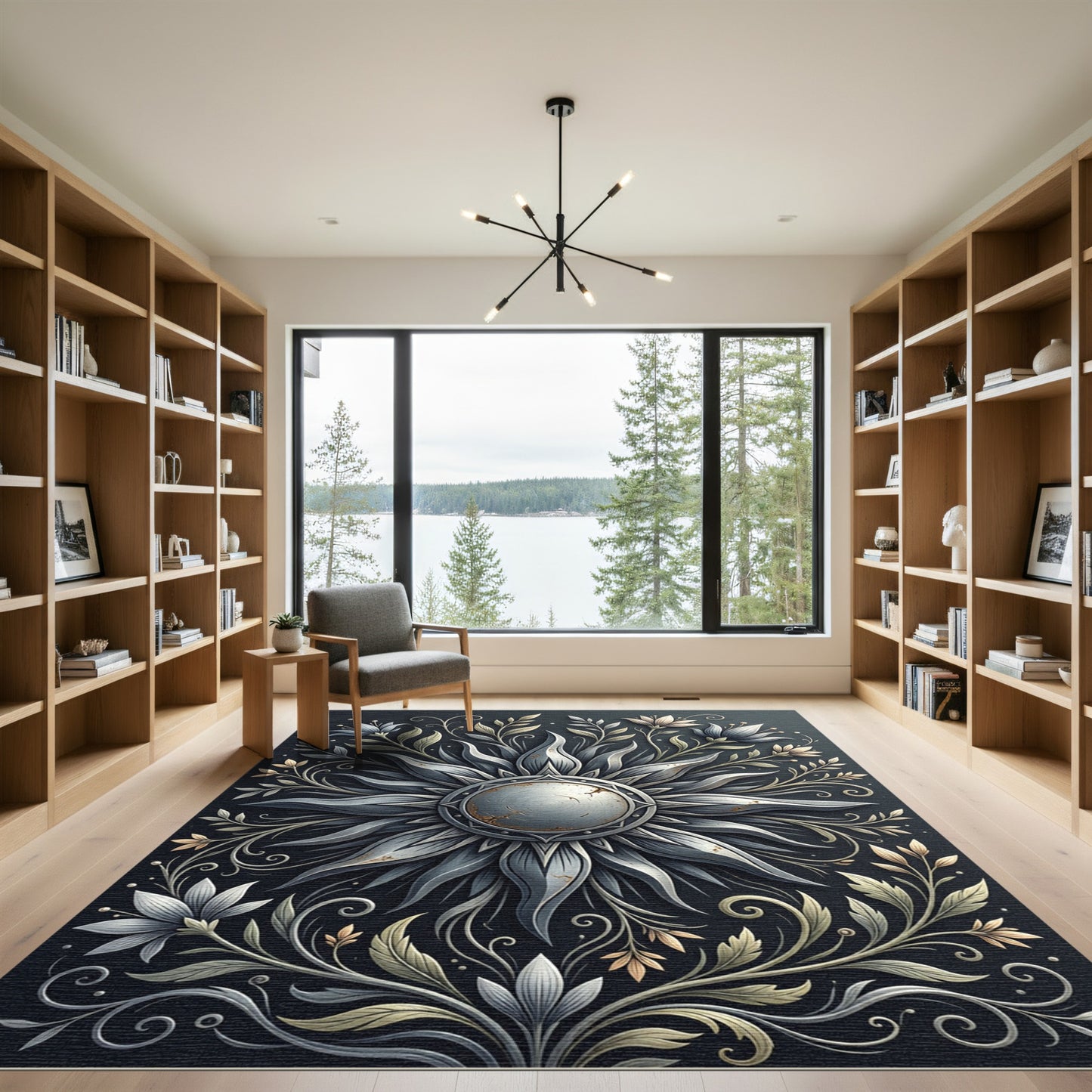 Metallic Silver Sun Floral Medallion Rug