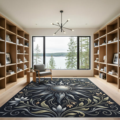 Metallic Silver Sun Floral Medallion Rug