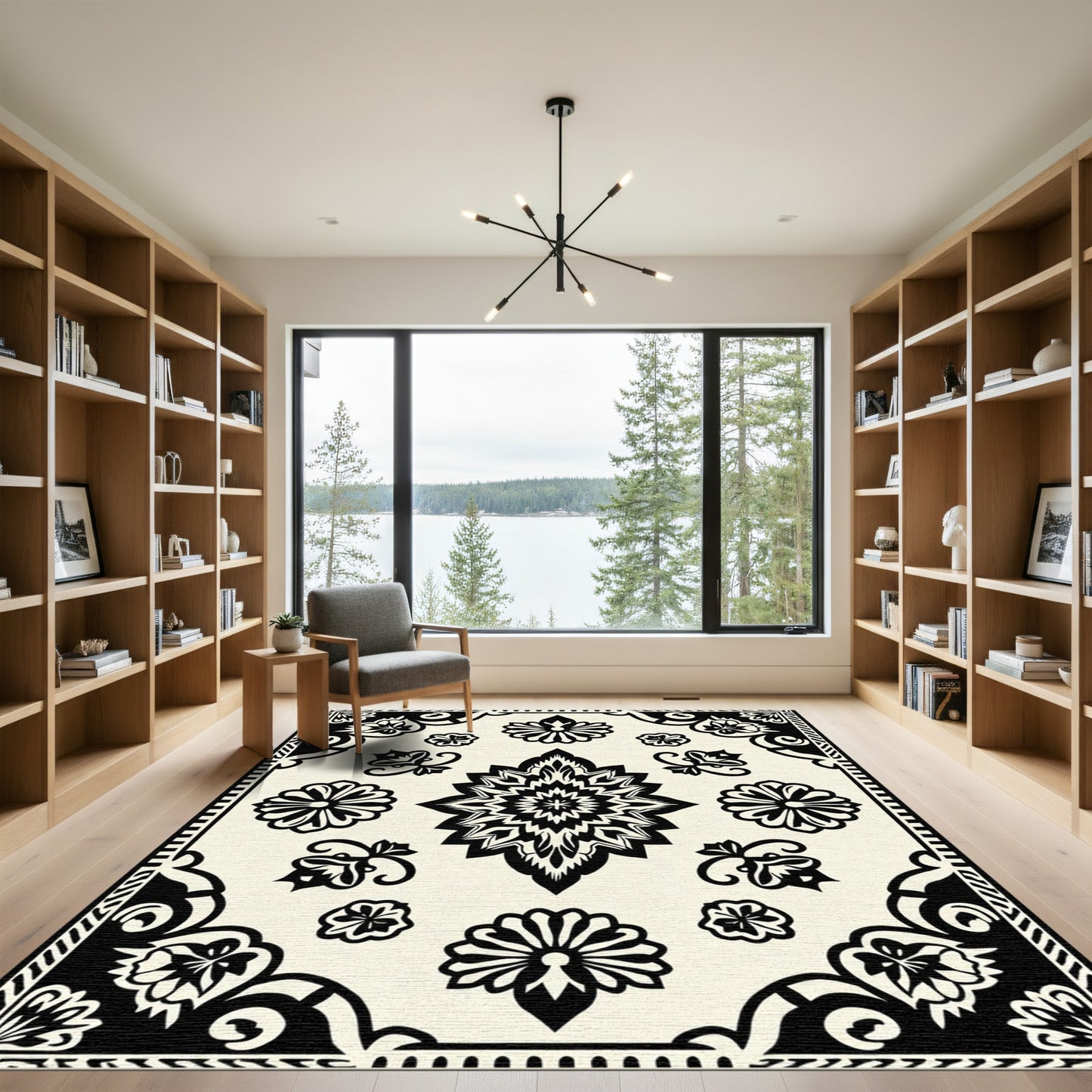 Black Floral Medallion Ivory Tiled Rug