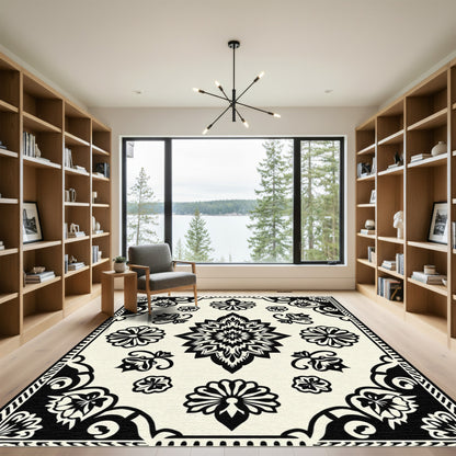 Black Floral Medallion Ivory Tiled Rug