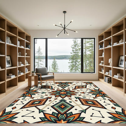 Celestial Geometric Teal and Terracotta Mandala Rug