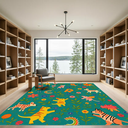 Whimsical Teal Animal and Floral Collage Rug