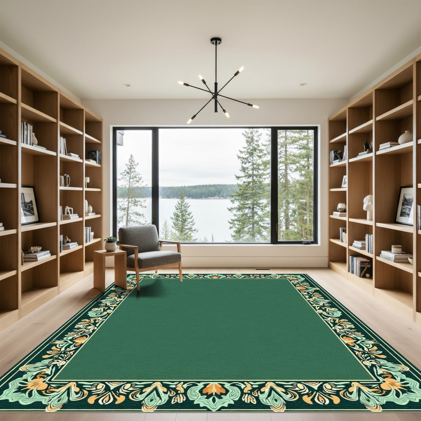 Deep Green Floral Border Art Nouveau Rug