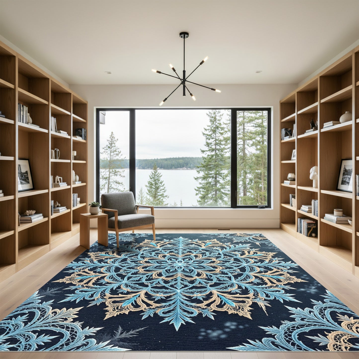 Ornate Ice Blue Snowflake Medallion Rug