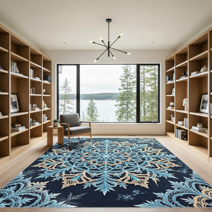 Ornate Ice Blue Snowflake Medallion Rug