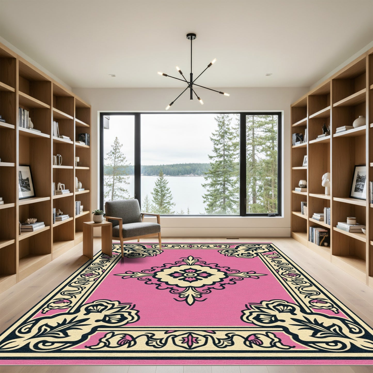 Pink Cream Floral Square Medallion Rug