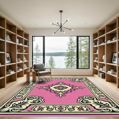 Pink Cream Floral Square Medallion Rug