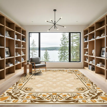 Ornate Ochre Floral Border Frame Rug