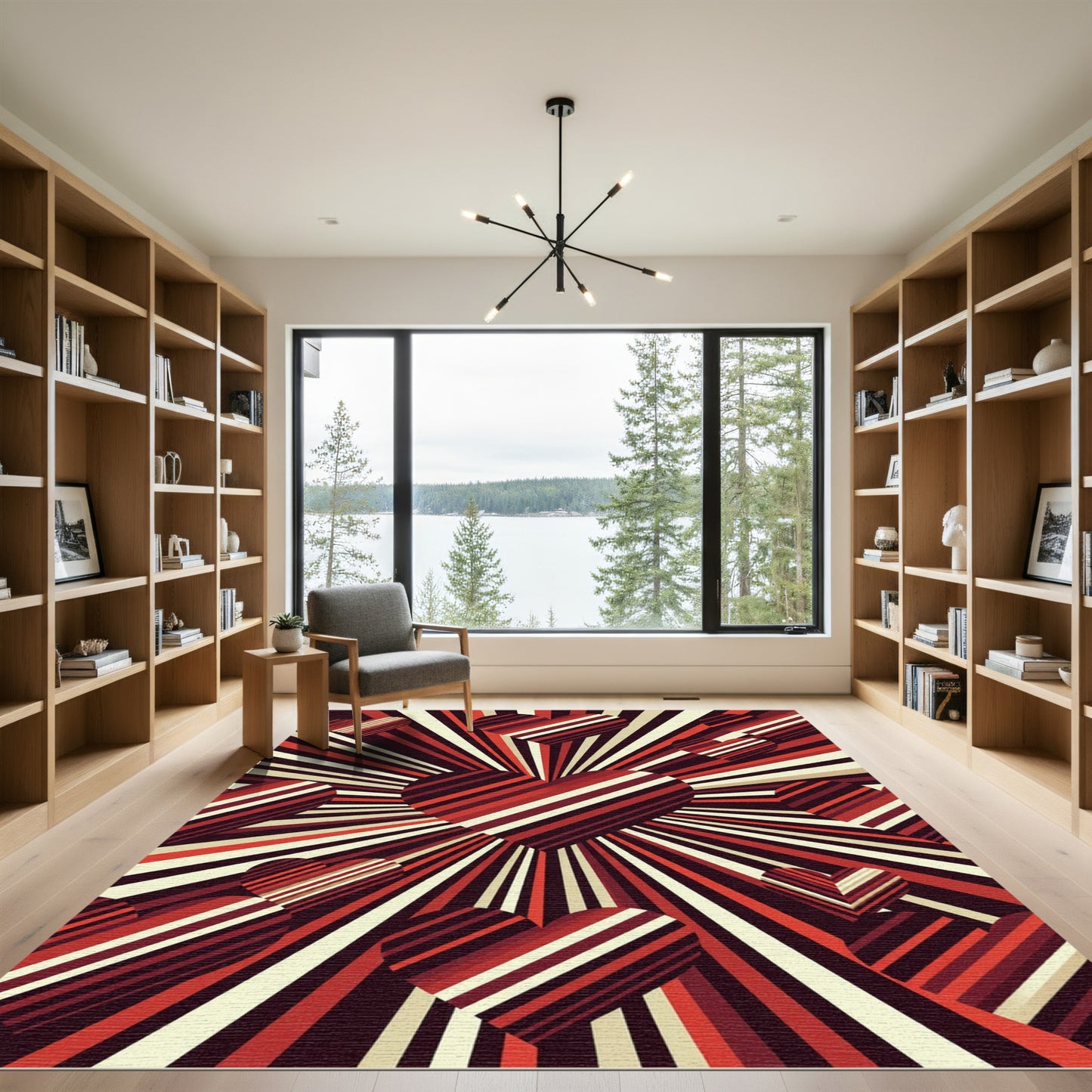 Radiant Crimson Heartburst Striped Art Rug