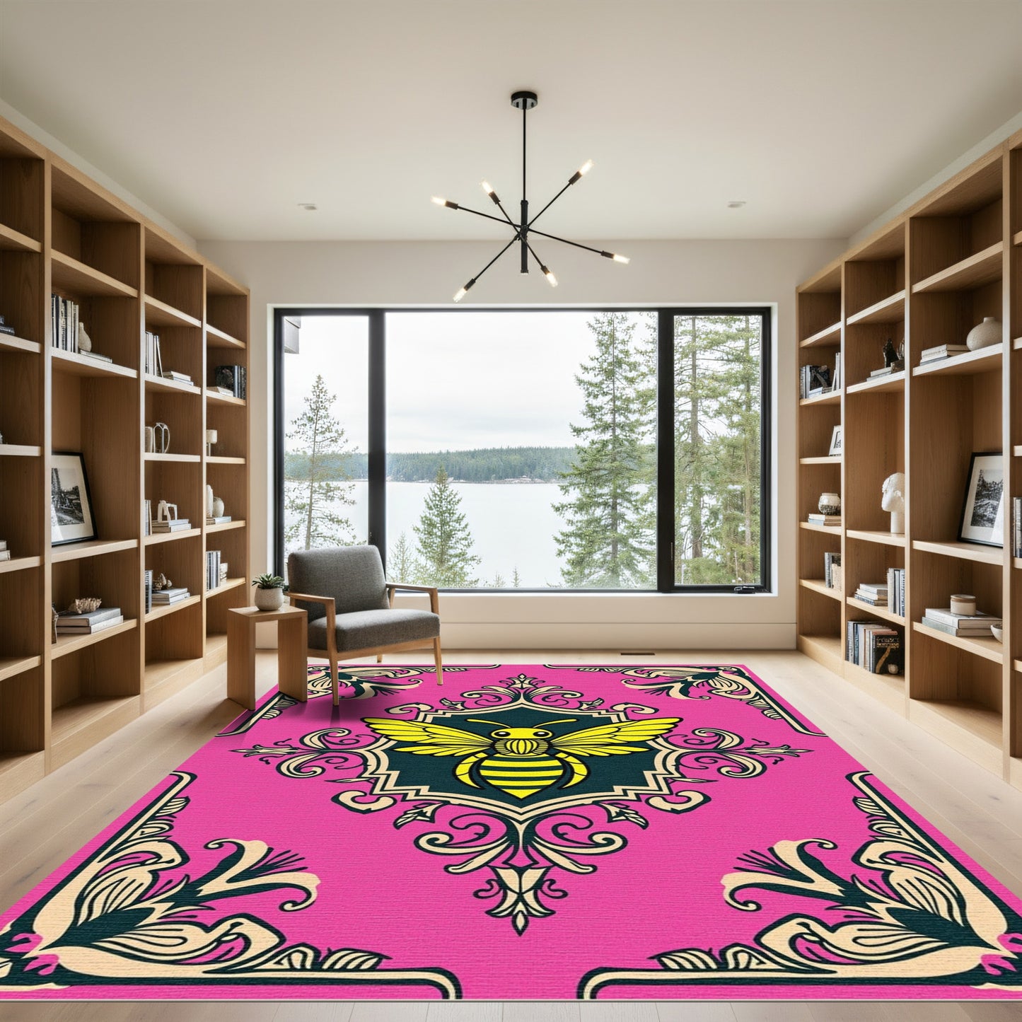 Whimsical Bumblebee Damask Pink Rug