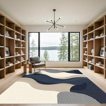 Modern Abstract Blue Beige Waves Rug