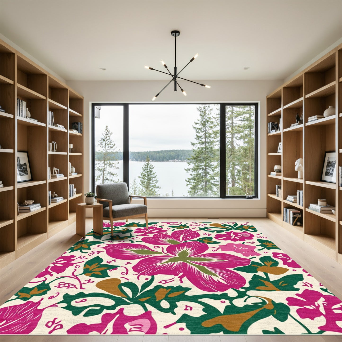 Vibrant Magenta Floral Vine Overlay Rug