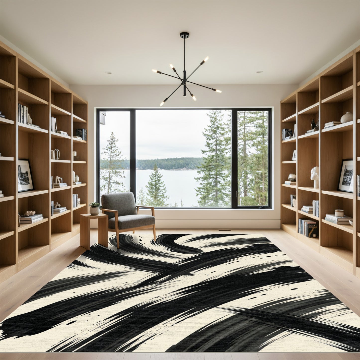 Bold Black Ink Brush Strokes Rug