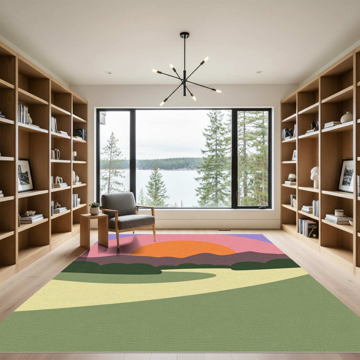 Sunset Landscape Curved Lines Rug