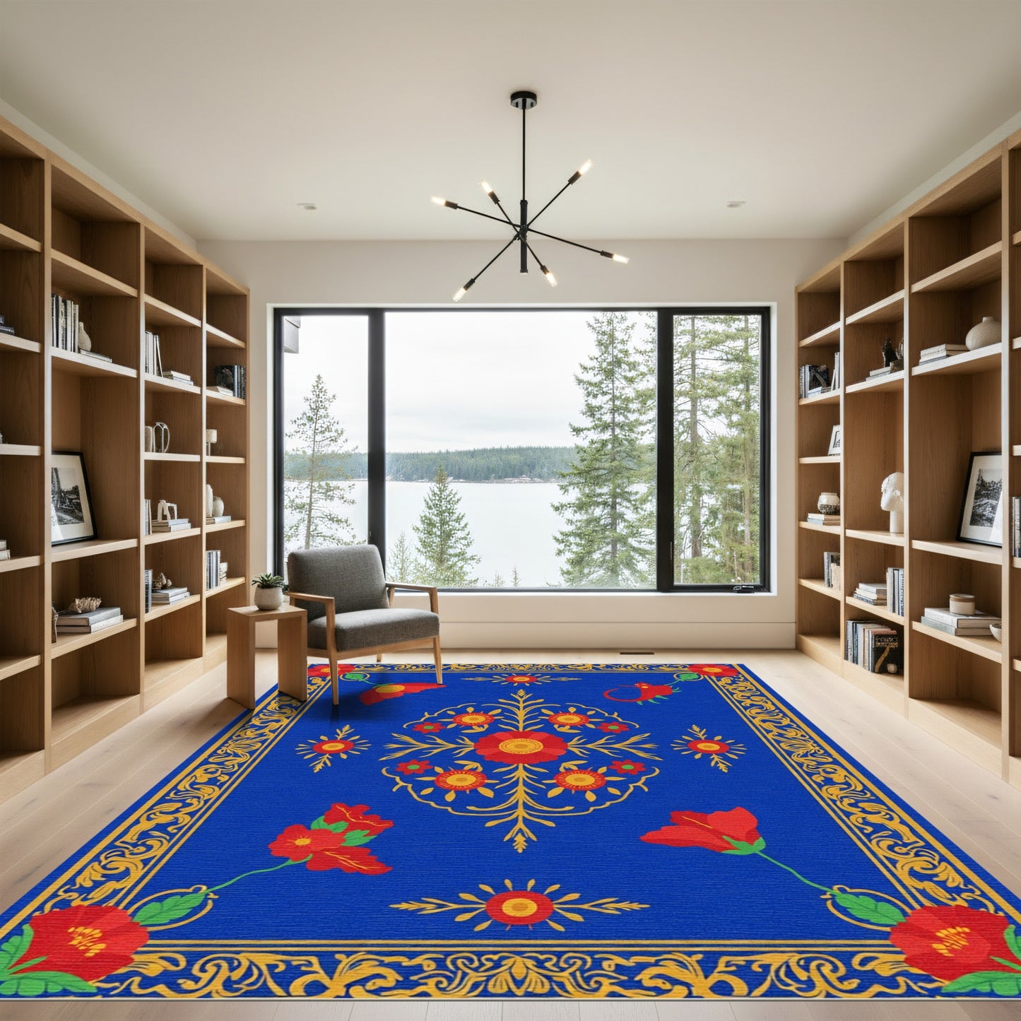 Vibrant Red Floral Medallion Blue Rug