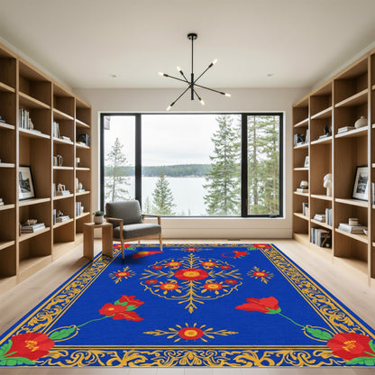 Vibrant Red Floral Medallion Blue Rug