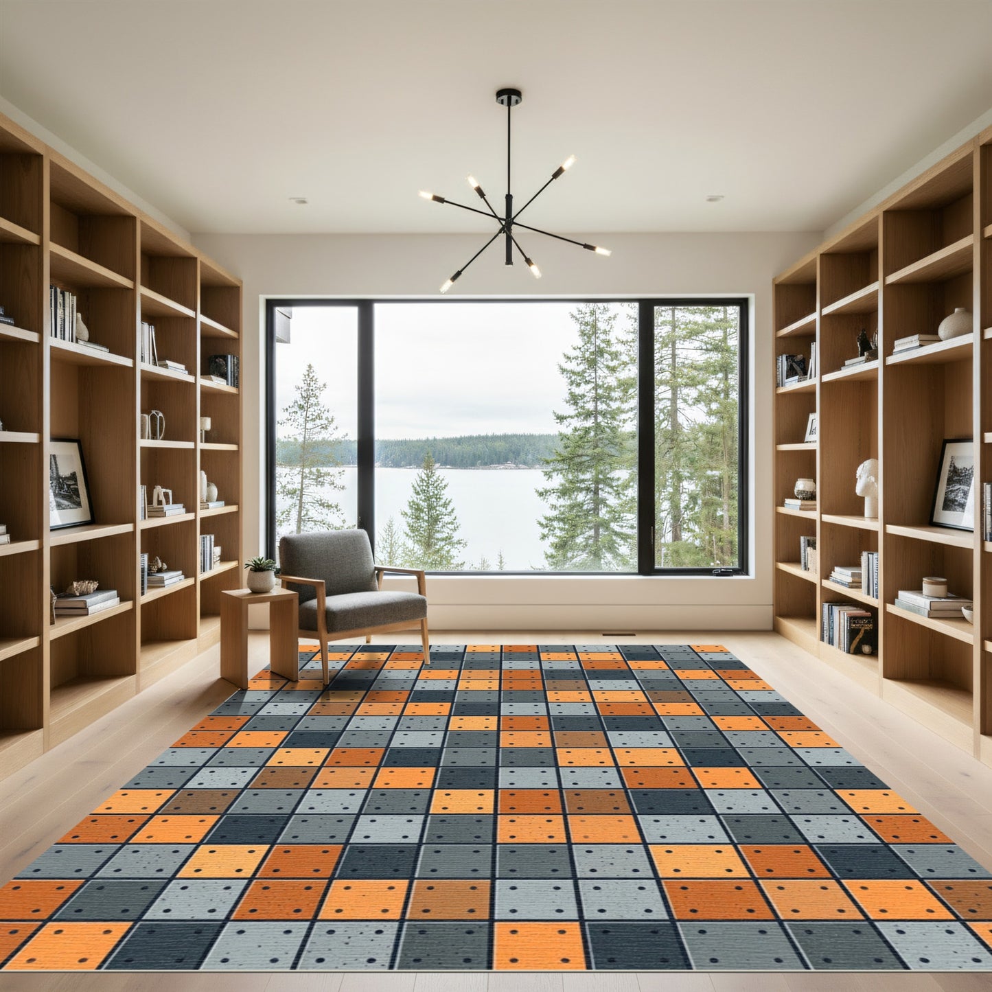 Modern Orange Gray Tile Pattern Rug