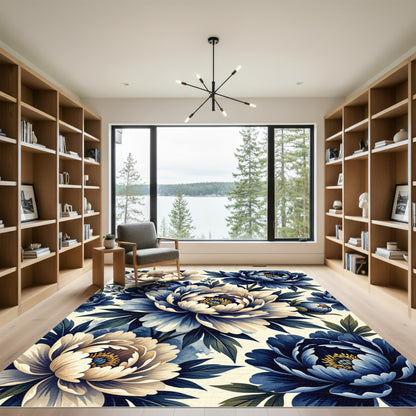 Elegant Navy and Cream Peony Bouquet Rug