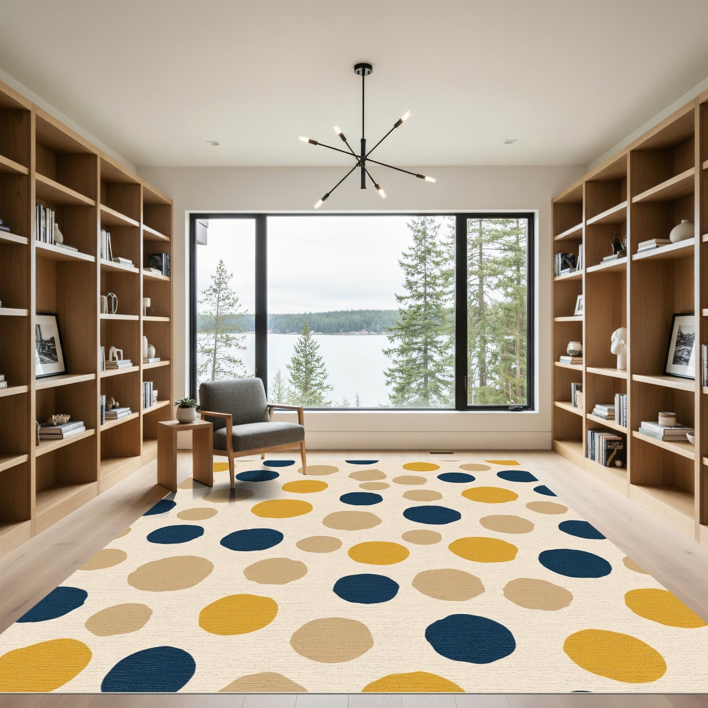 Contemporary Ochre Navy Polka Dots Rug