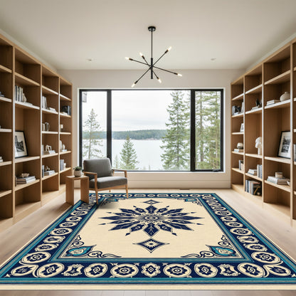 Navy Blue Central Floral Diamond Border Rug