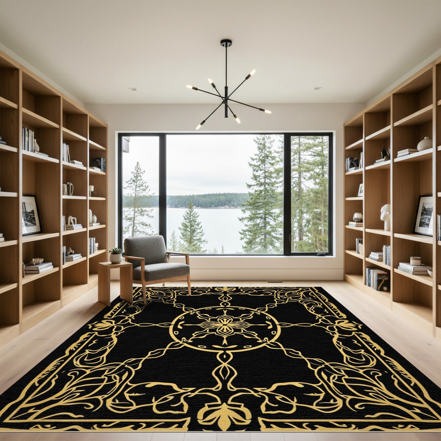 Golden Art Nouveau Floral Scroll Rug