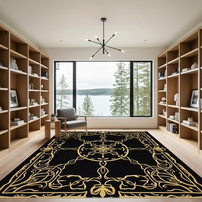 Golden Art Nouveau Floral Scroll Rug