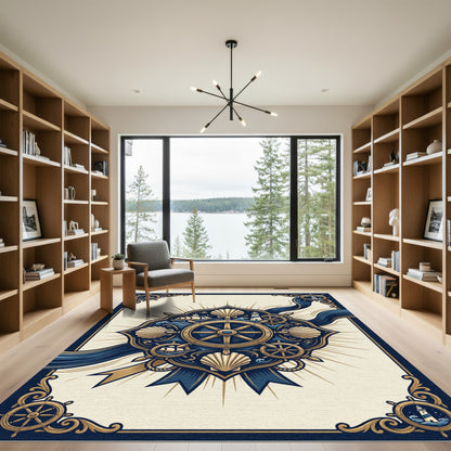 Nautical Gold and Navy Compass Medallion Rug