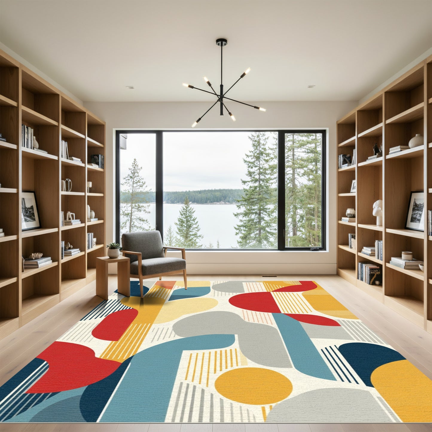 Abstract Geometric Forms Mustard Blue Red Rug