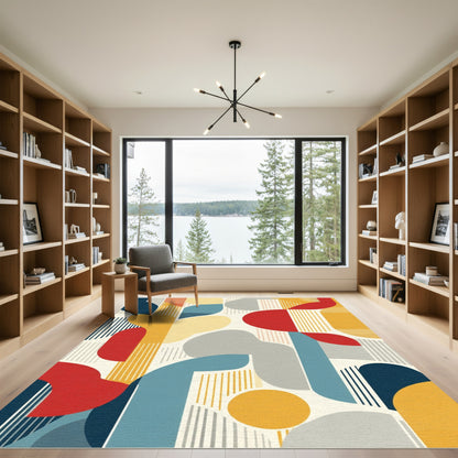Abstract Geometric Forms Mustard Blue Red Rug