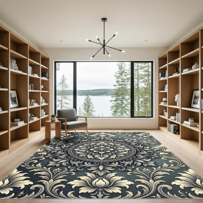 Ornate Slate Gray Damask Medallion Rug