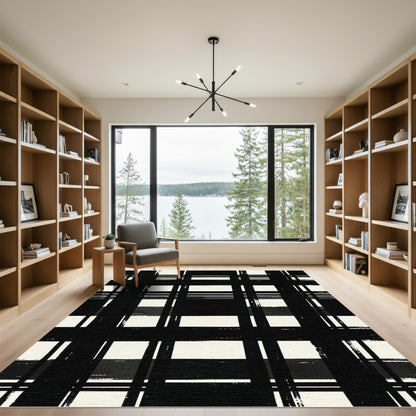 Black White Grungy Plaid Lines Rug