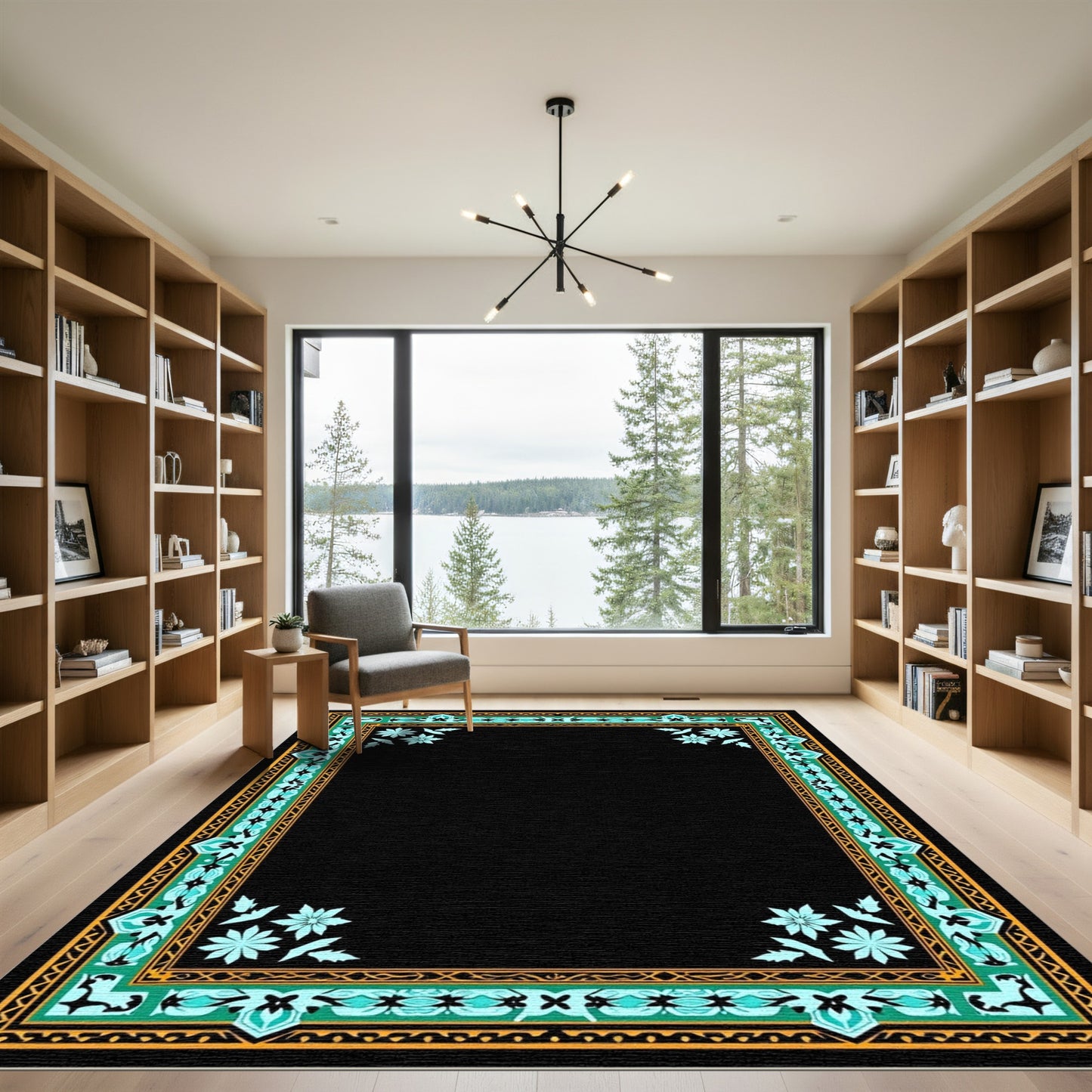 Turquoise And Gold Geometric Floral Frame Rug