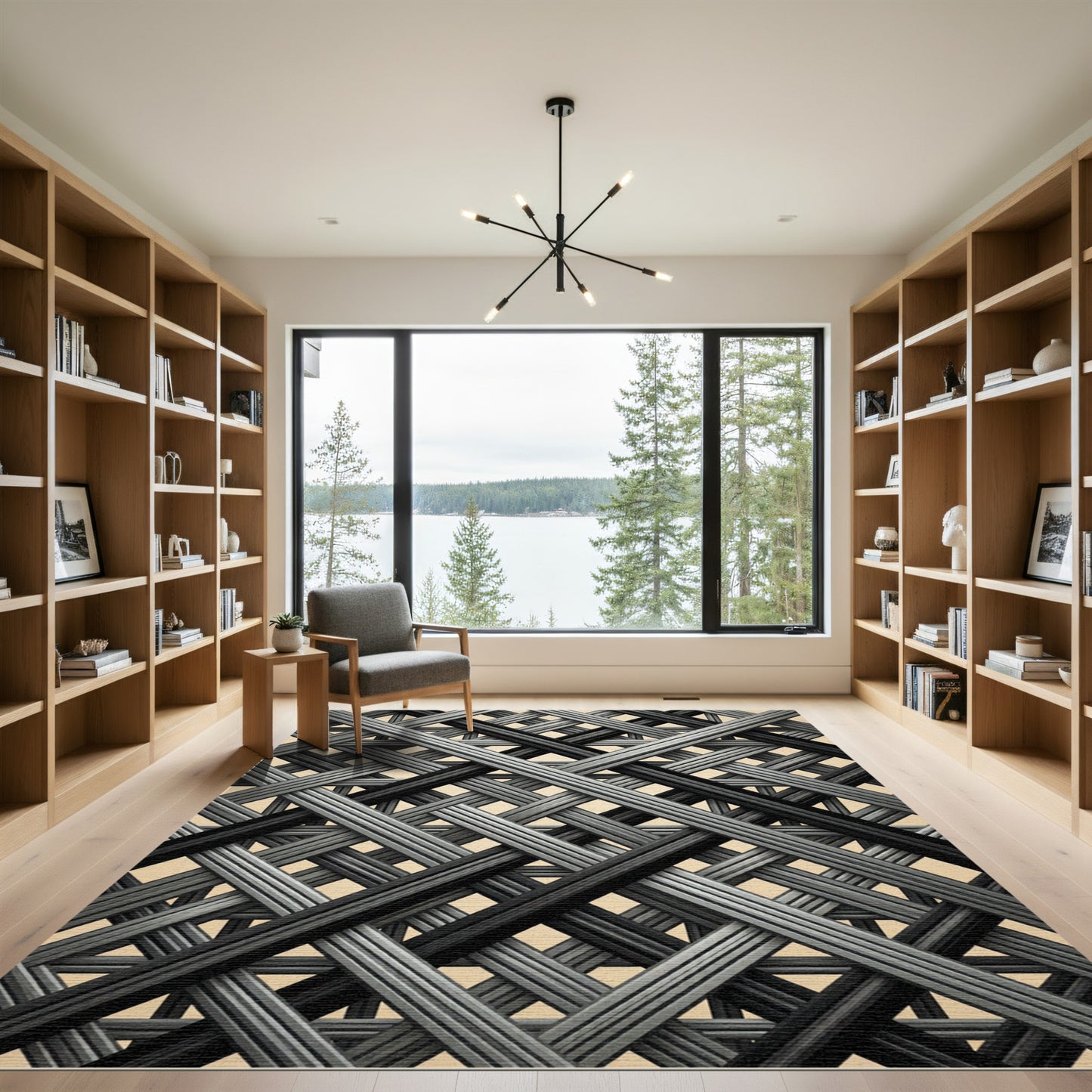Modern Interwoven Charcoal Geometric Grid Rug