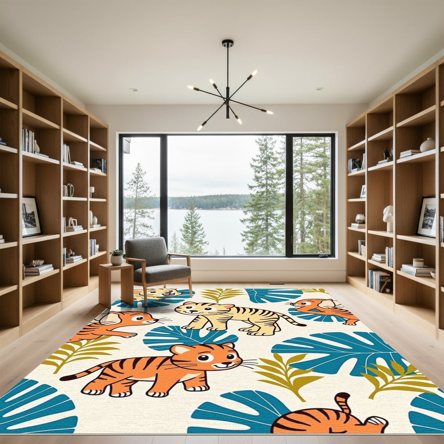 Cute Tiger Cubs Jungle Leaves Rug