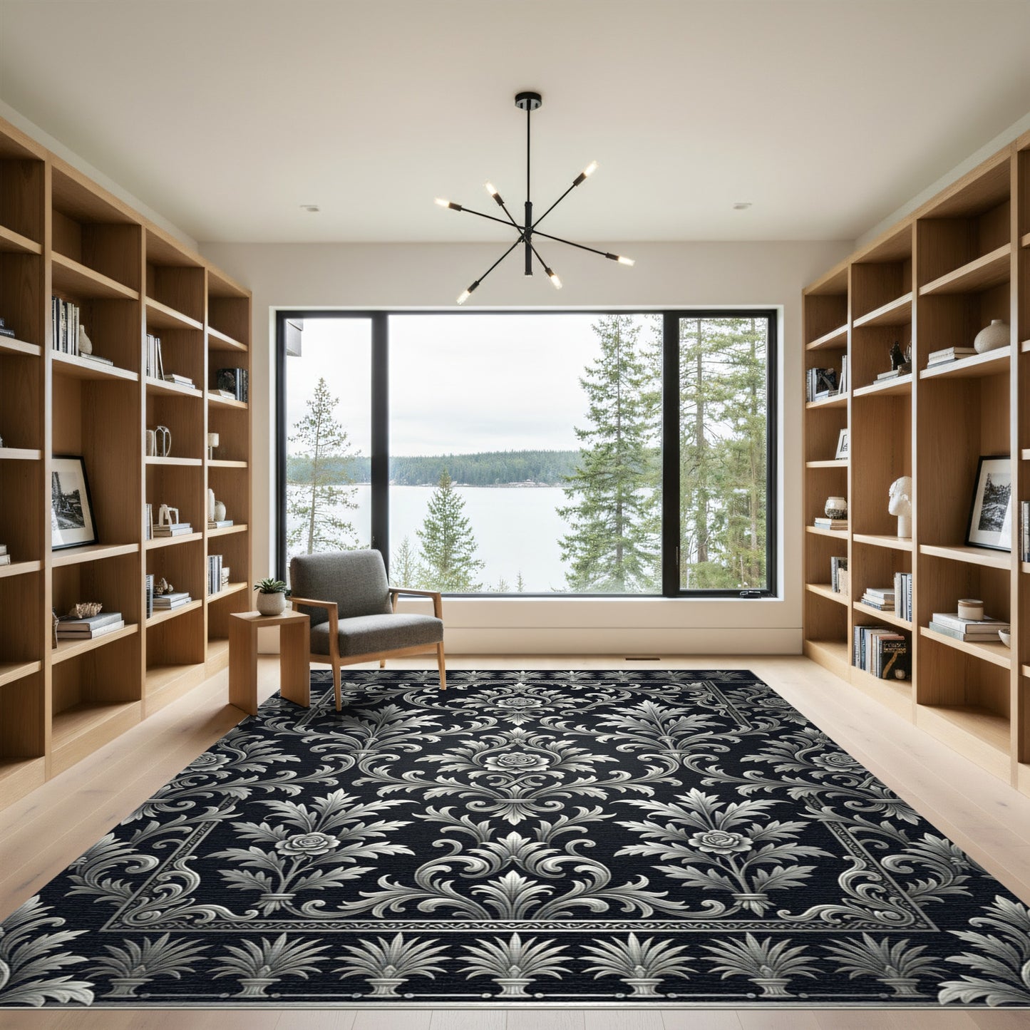 Ornate Black White Floral Damask Rug