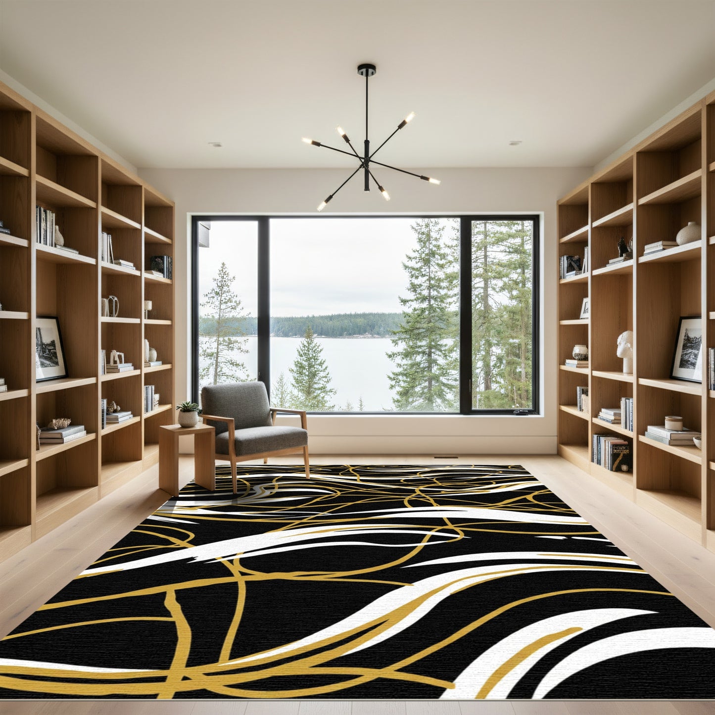 Gold White Black Abstract Swirl Rug