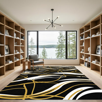 Gold White Black Abstract Swirl Rug