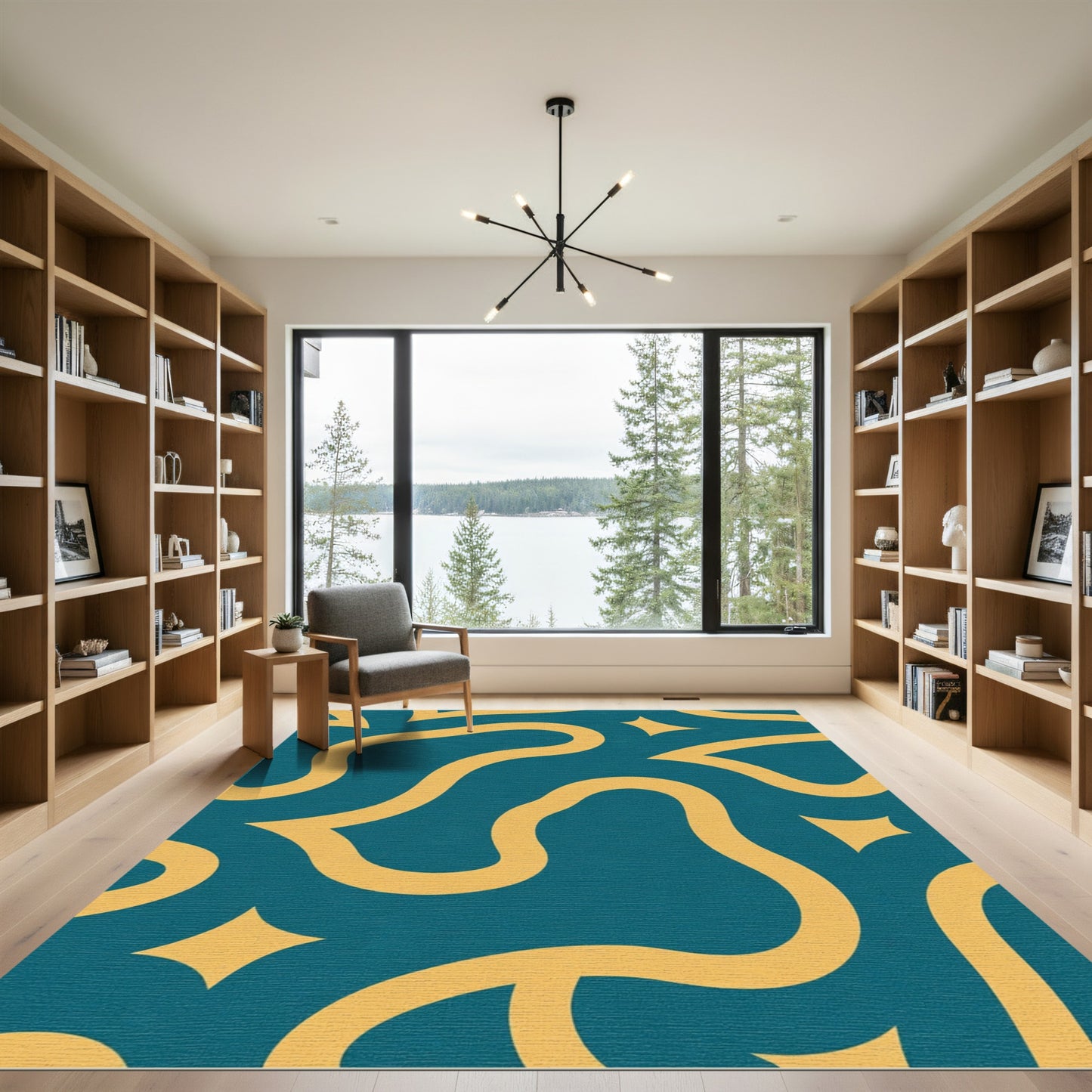 Teal and Yellow Abstract Organic Flow Rug