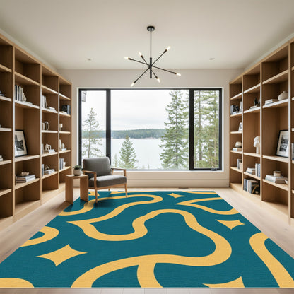 Teal and Yellow Abstract Organic Flow Rug