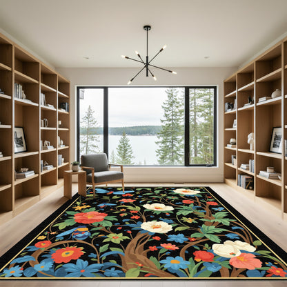 Black Botanical Garden Butterfly Insect Rug