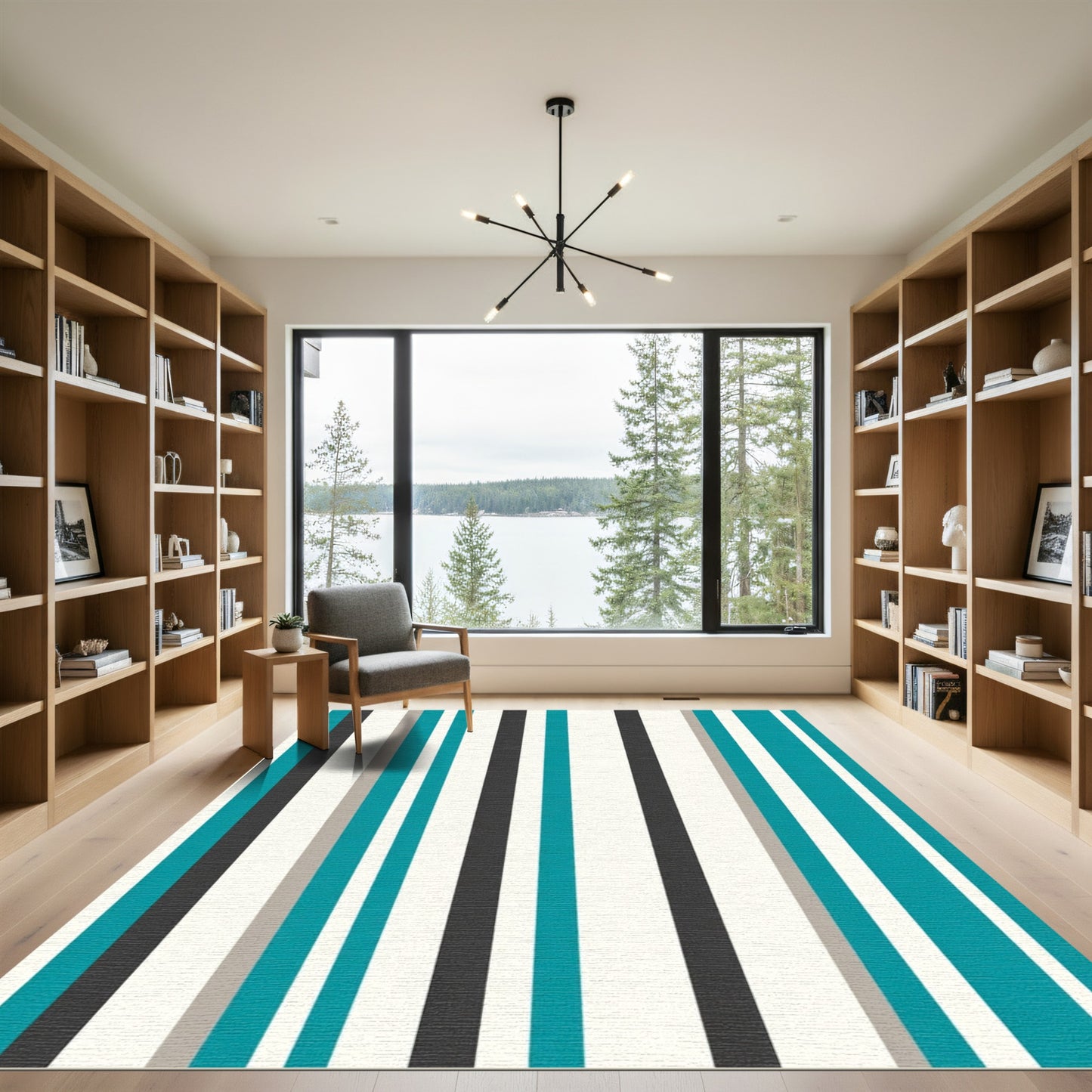 Teal Gray Ivory Stripe Composition Rug