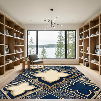 Navy And Gold Quatrefoil Tile Rug