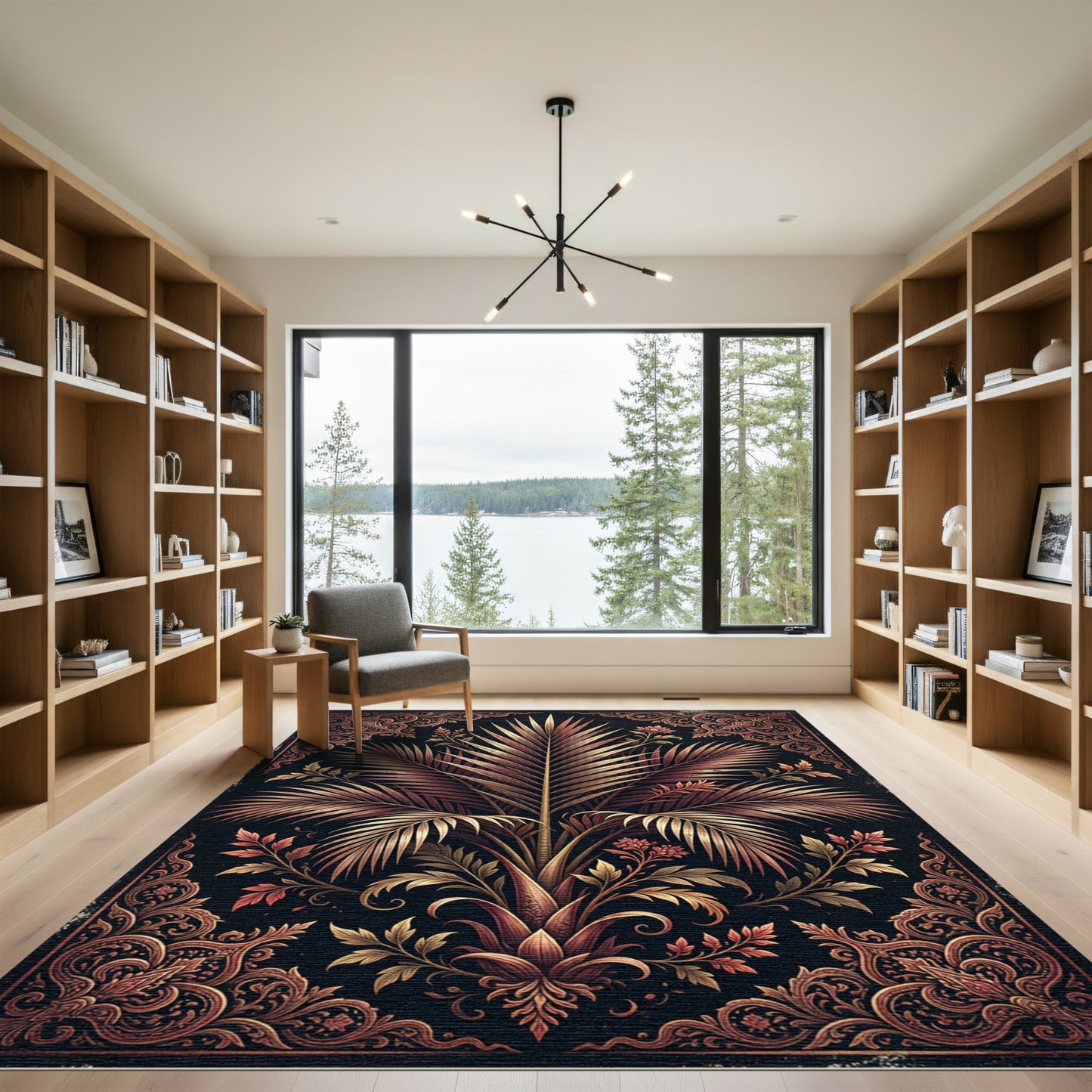 Elegant Gilded Palm Botanical Frame Rug